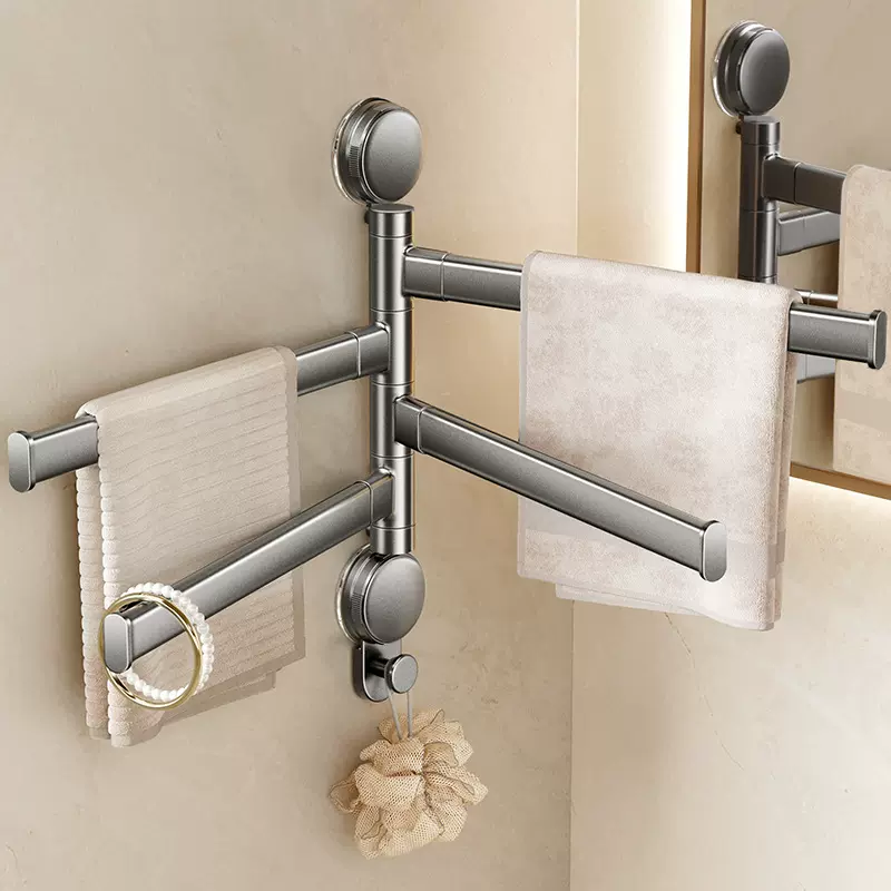 旋转毛巾架免打孔壁挂毛巾杆卫生间多杆置物架吸盘式衣服收纳批发
