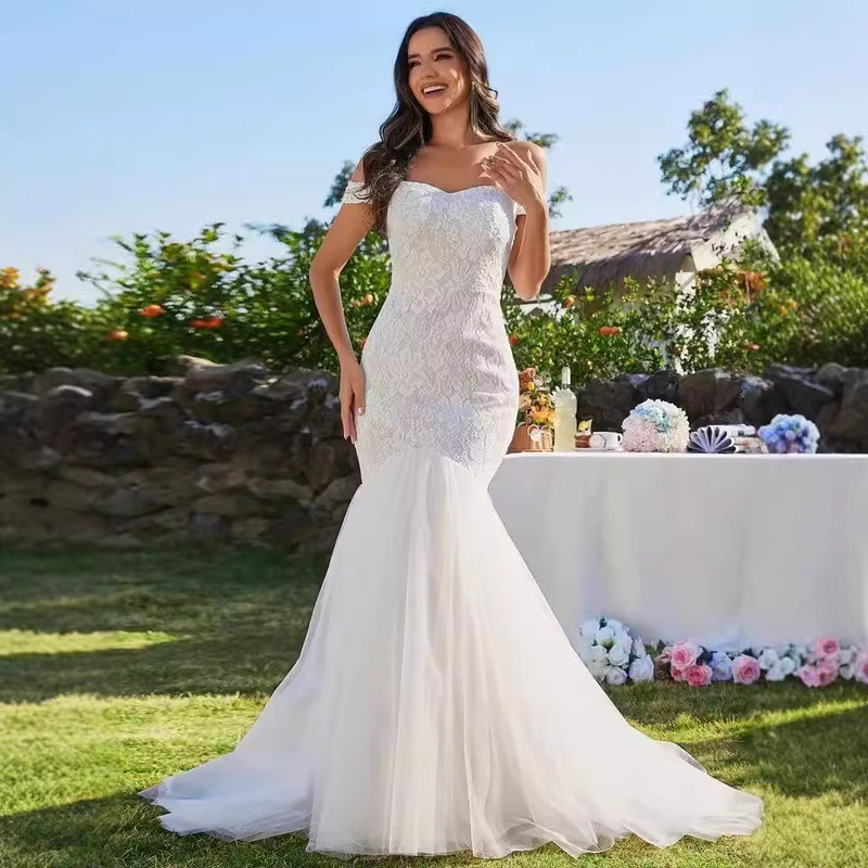 New Amazon Mermaid Wedding Dress Slim-Fit Shoulder Long Lace-Up Fishtail Wedding Dress