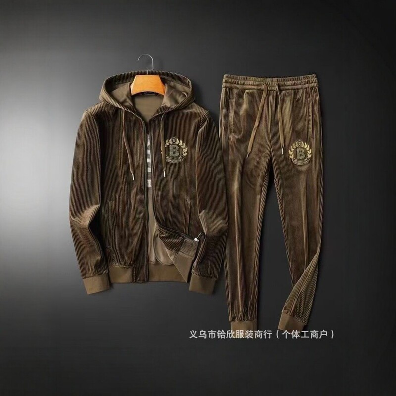 Men's Trendy Gold Velvet Embroidered Set, Hooded Casual Autumn/Winter New Sweatshirt, Plus Size Sports Two-Piece Set