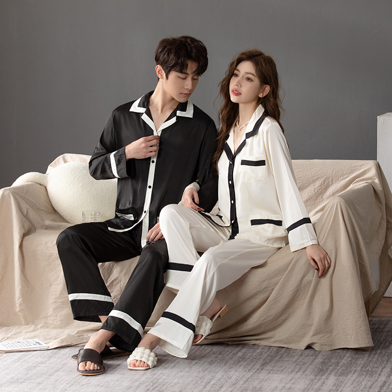 Pijama satinado de hielo para pareja, manga larga, estilo elegante para primavera y otoño