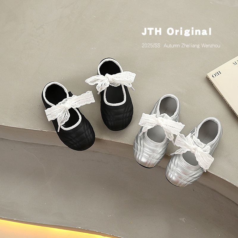 2025 Autumn Girls' Leather Shoes Little Girls Sweet Bow Princess Shoes Korean Style Western Style Easiest for Match Girls' Ballet Shoes