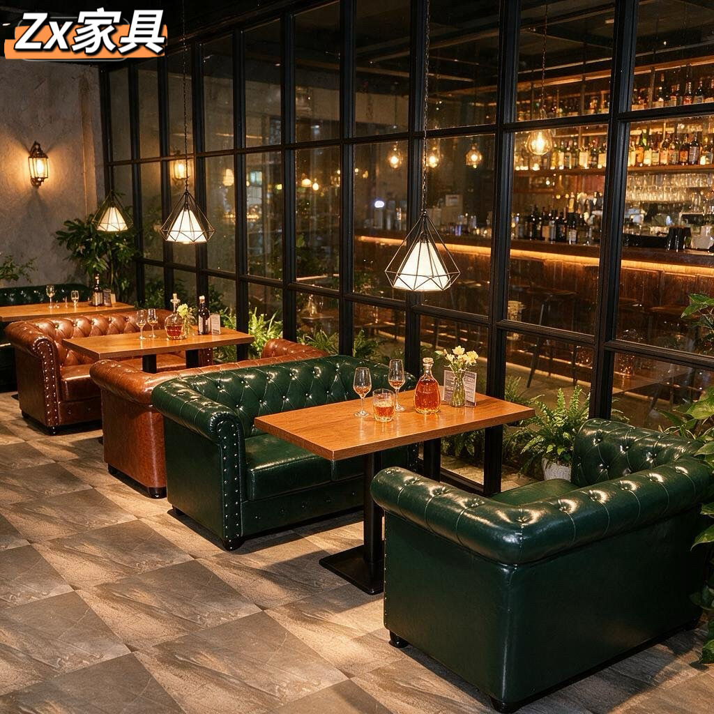 American retro bar pull-button sofa, lounge bar leather sofa, industrial style restaurant bar dining table and sofa set