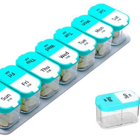 La nueva caja de medicamentos de 14 compartiones de HuDongkang, caja de medicamentos de plástico de 14 compartiones desmontable doble, caja de almacenamiento de plástico PP de grado alimenticio