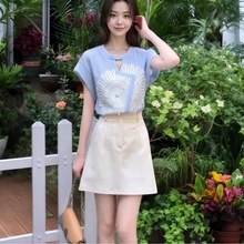 2025夏季新款两件套女小清新蓝色镂空防走光连肩袖上衣牛仔半身裙