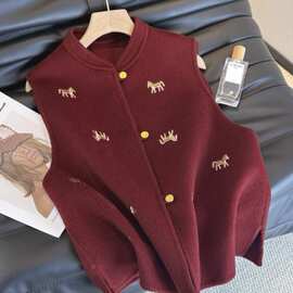 新中式重工毛呢小马刺绣马甲拜年服百搭国风无袖马夹其他品牌涤纶