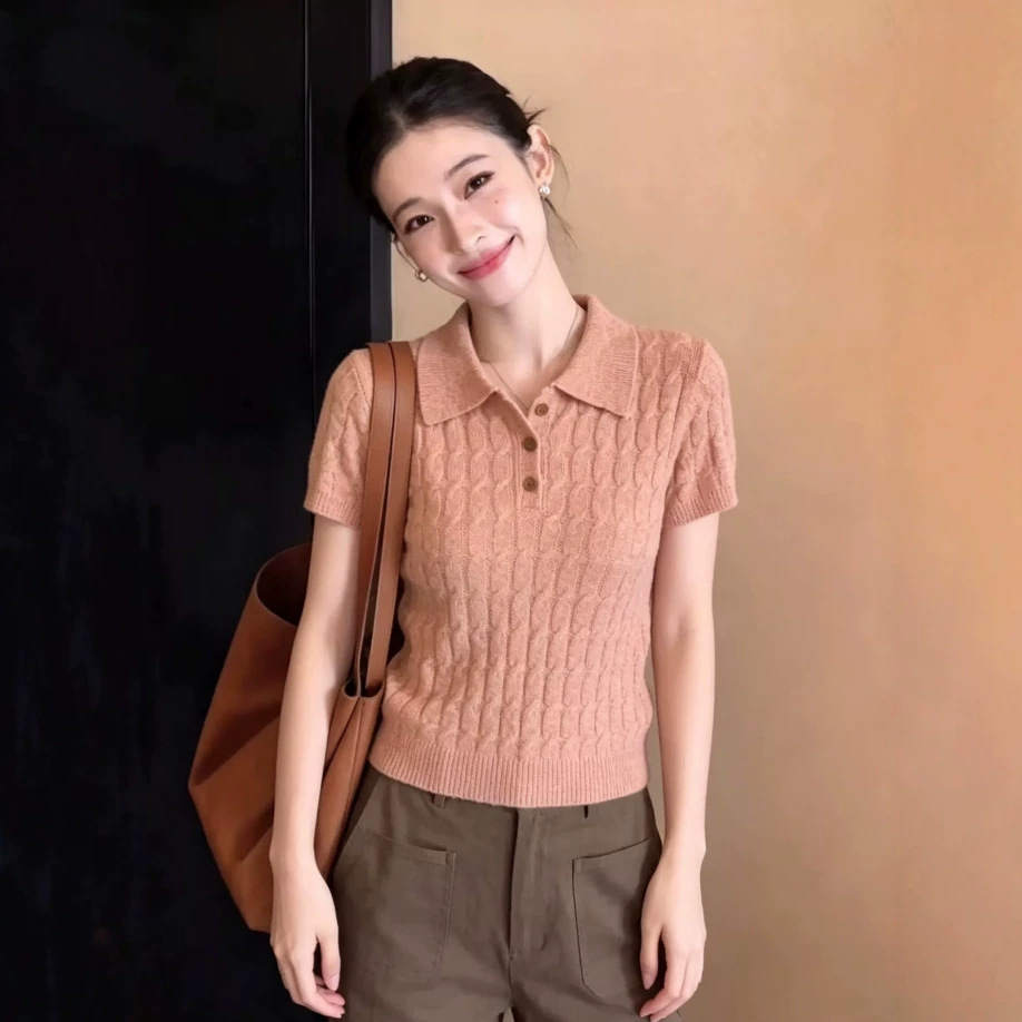 Áo thun polo nữ tay ngắn phong cách Hàn Quốc, chất liệu cotton dệt kim mềm mại — màu sắc chi tiết 4