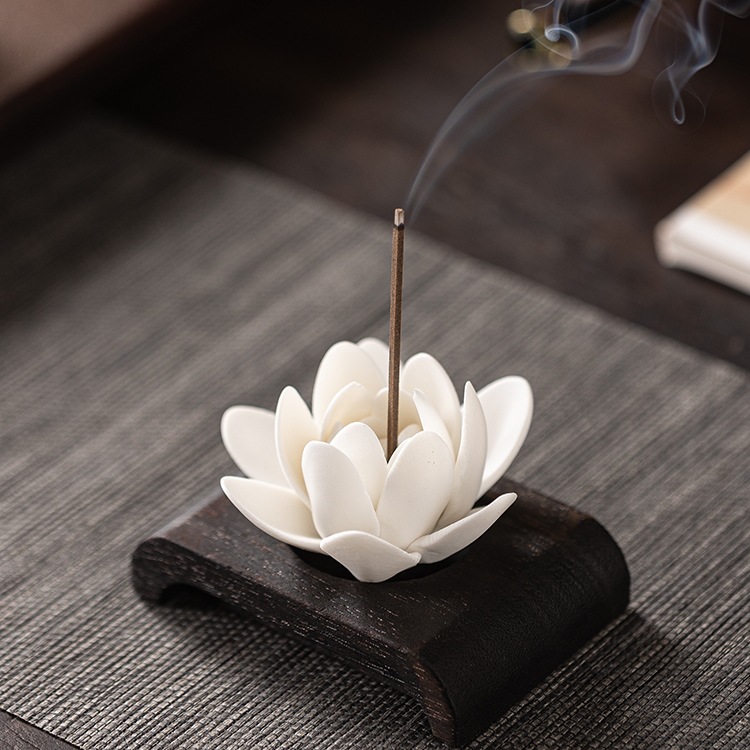 纯手工陶瓷莲花香插捏花线香炉家用室内仿古香座点香器博古架摆件
