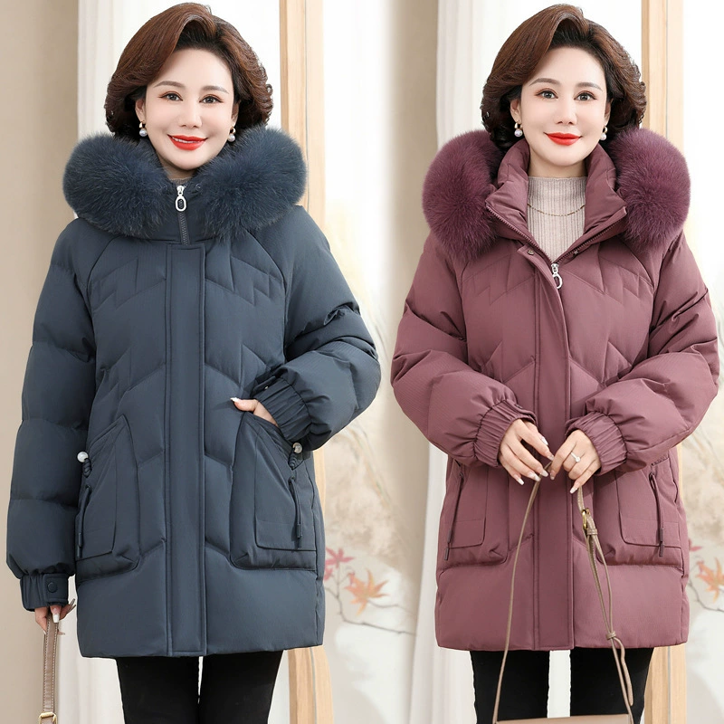 Мама пуховик женский средний и длинный 2024 зимний с капюшоном лисы шерстяной воротник средний и пожилой толстый зимний костюм куртка