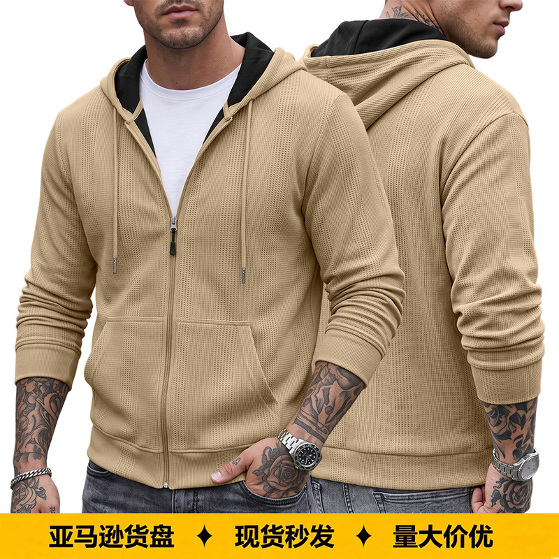 Cross-border men's textured jacquard waffle hooded pocket jacket cardigan foreign trade TK American-style loose sports sweatshirt Cross-border men's textured jacquard waffle hooded pocket jacket cardigan foreign trade TK American-style loose sports sweatshirt