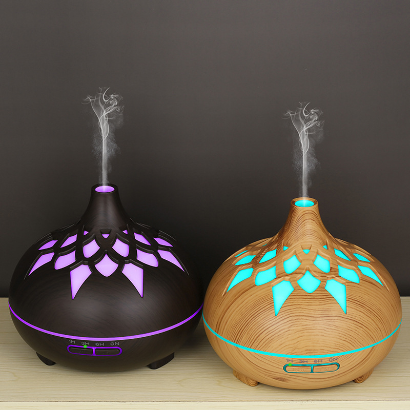 Nueva creativa grano de madera máquina aromaterapia humidificador ahueca hacia fuera 7 Luz color 500ml control remoto música Bluetooth