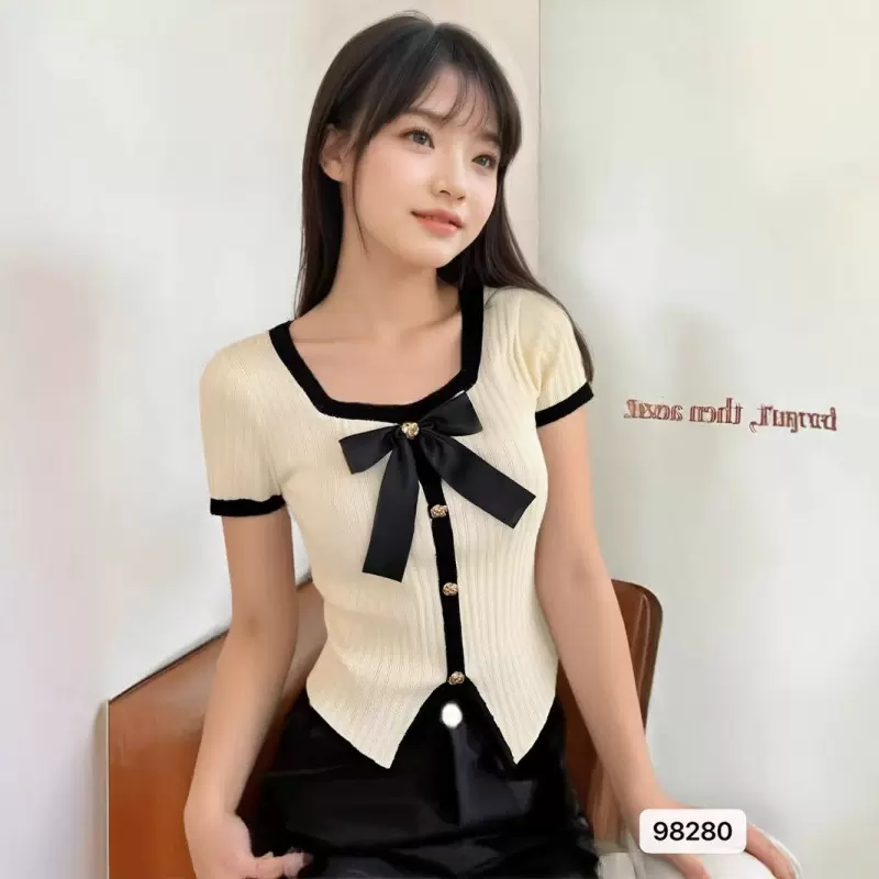 辣妹针织薄款短款针织衫女上衣夏季新款收腰短袖紧身蝴蝶结ins风