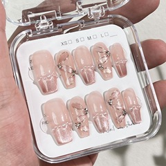 純手工穿戴甲冰透裸色純欲風美甲貼片批發滿鑽爆閃手繪假指甲顯白