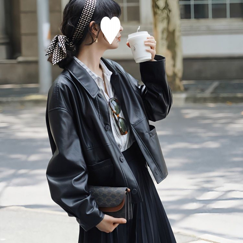 Stylish and Handsome Loose Leather Jacket for Women Spring and Autumn New Matte Black Silhouette Leather Jacket