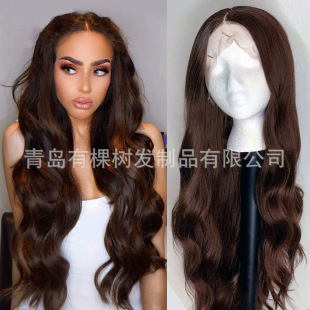 European and American ladies wig chemical fiber front lace Brown long curly matte high temperature silk headgear manufacturers direct