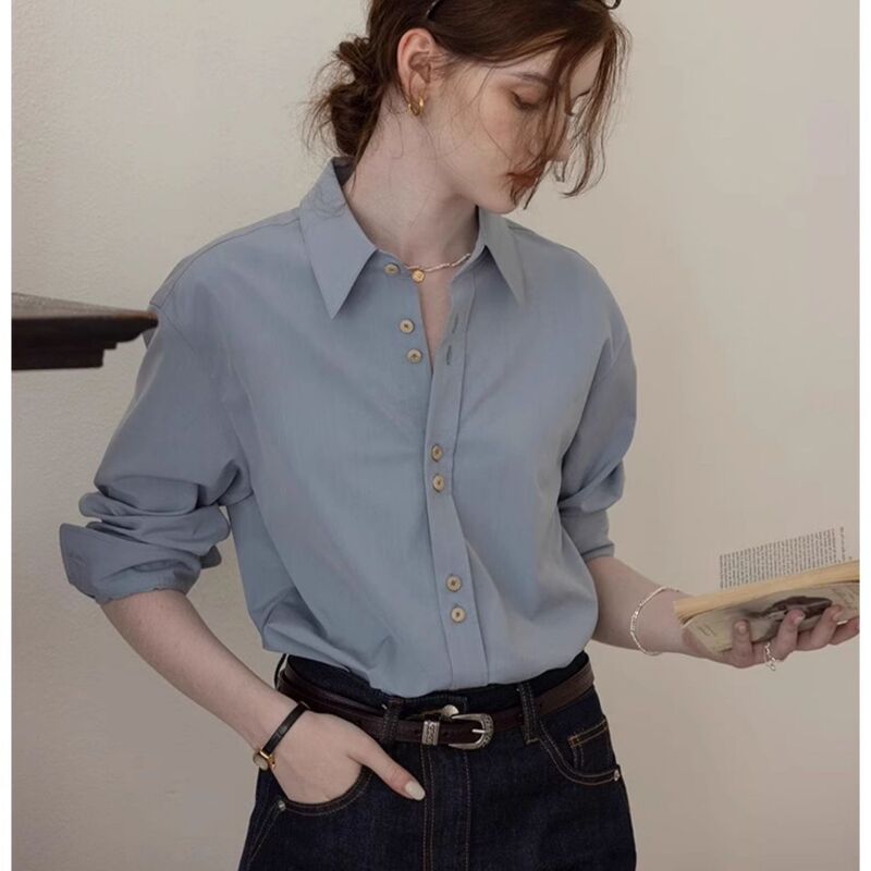 French-Style Commuter Blue Shirt for Women, New Spring Design with Embroidered Back, Layered Wear Inner Shirt