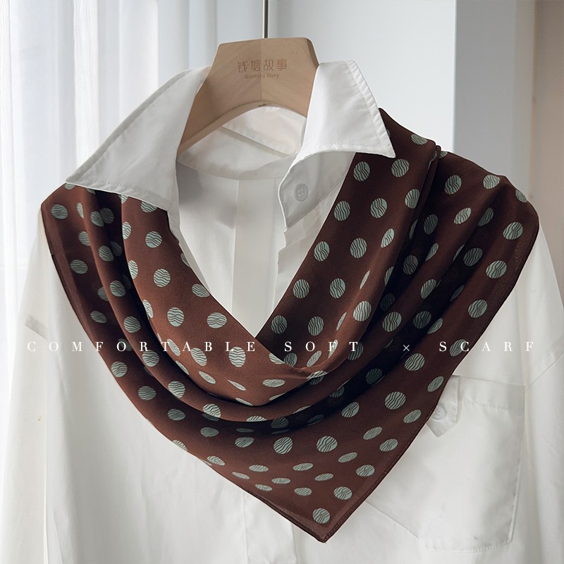 Retro Mocha Brown Silk Scarf Double Crepe Small Square Scarf 100% Mulberry Silk Luxury Neck Tie For Women Summer New Arrival - Thumbnail 2