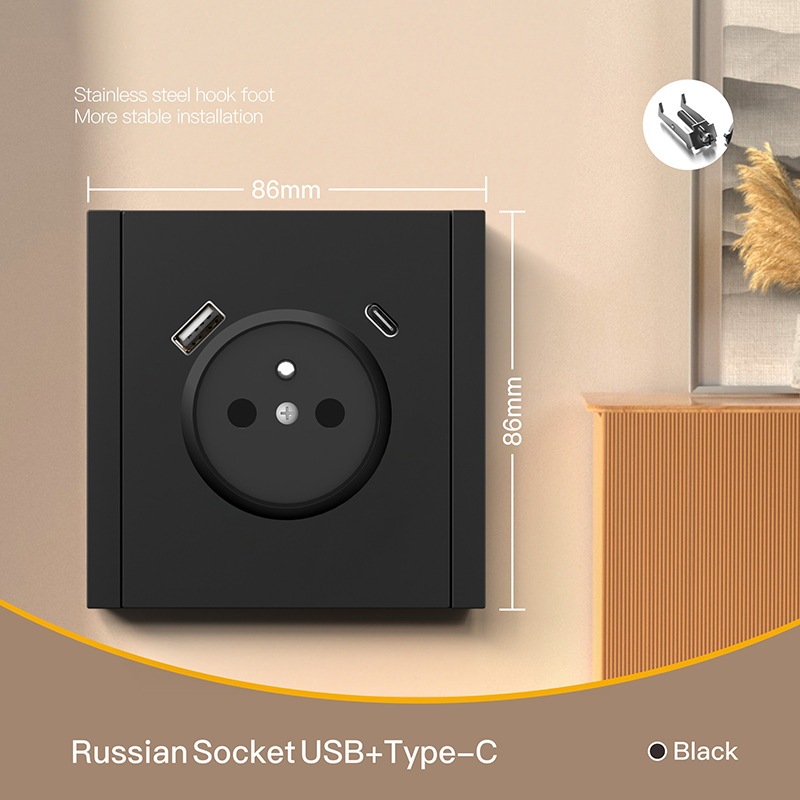 Interruptor de pared estándar europeo enchufe de pared negro alemán enchufe de agujero redondo CE interruptor Euro 16A 250V