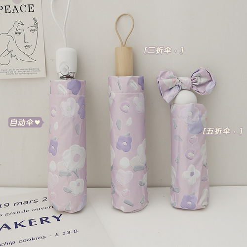Purple oil painting floral sun umbrella fully automatic umbrella vinyl sun protection anti-UV rain or shine folding umbrella available for wholesale