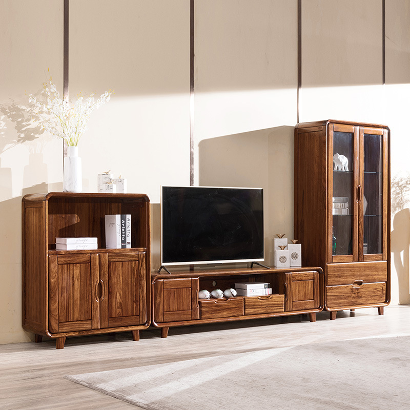 Ebony TV Cabinet Full Solid Wood Chinese Simple High and Low Cabinet Combination Living Room TV Side Low Cabinet High Wine Cabinet