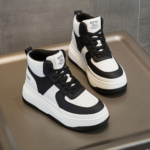 High-top White Shoes Women's Genuine Leather Thick Bottom Round Head Stitching Single Lit sneaker 2024 All-match Casual Board Shoes for Spring and Autumn