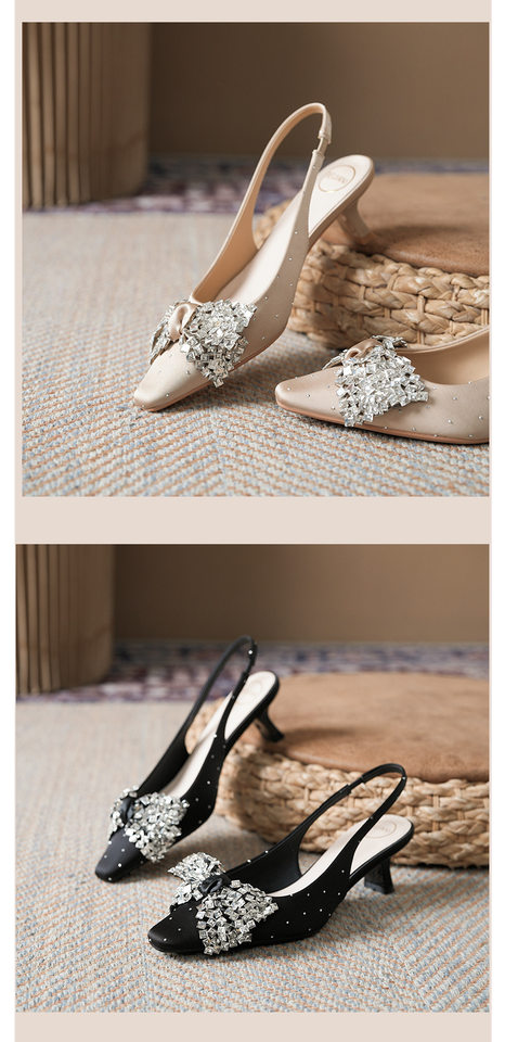 Sandal nữ bít mũi hở gót gót vuông đính đá thắt nơ, quai co giãn — Màu be, Màu hồng nhạt, màu đen chi tiết 8