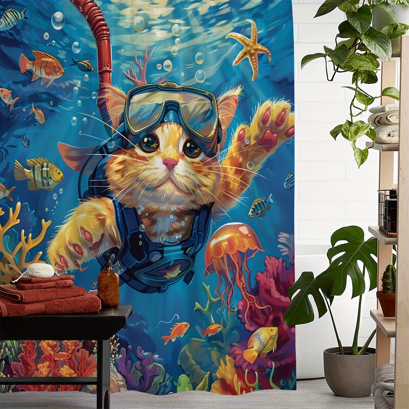 A Cute Orange Cat Ocean Diving Coral Jellyfish Starfish Fish Pattern Shower Curtain with 12 Hooks