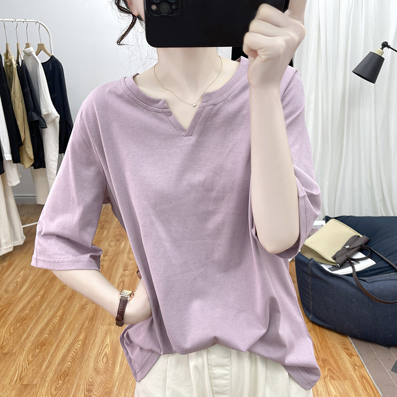 コットンデザインの小さなVネックルーズ半袖Tシャツレディースファッション年齢軽減トップ2025新しい香港スタイルレトロTシャツ|undefined