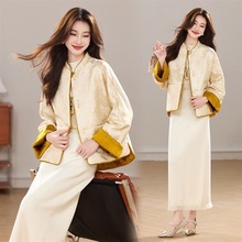 冬季新款加厚棉衣新中式重工提花珍珠扣立领拼接款两面穿外套女