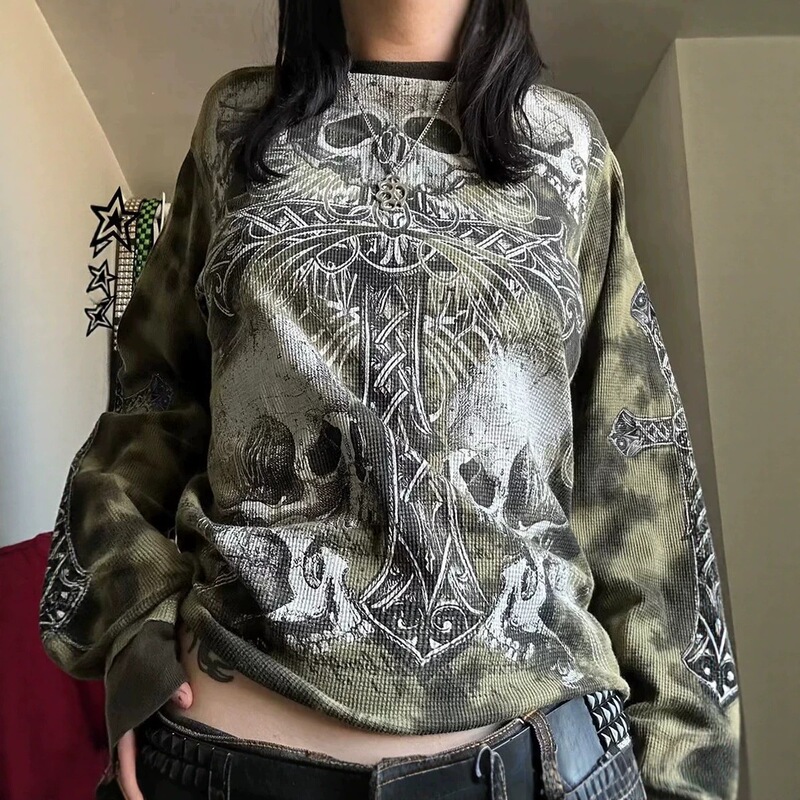 Y2K American-Style Waffle T-Shirt Punk Gothic Style Long-Sleeved Top Retro Graphic Print T-Shirt