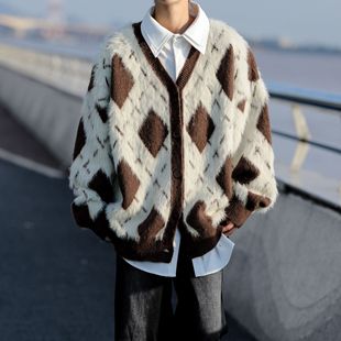 2024 New College Lazy Wind Contrast Diamond Cardigan Sweater Knitwear Men's and Women's Fashion American Autumn and Winter Coat