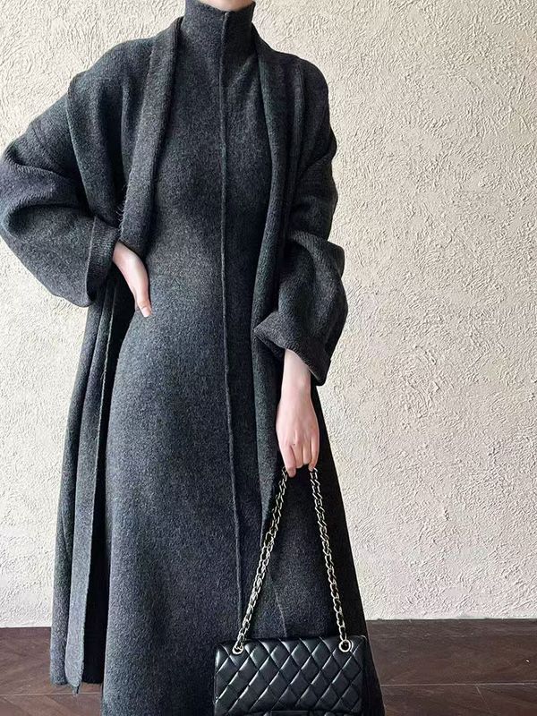秋と冬の新しいファッショナブルなハイカラードレスツーピースレイジースタイルロングニットカーディガンセータースーツ女性用|undefined