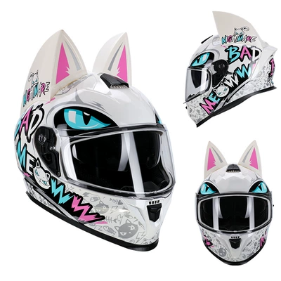 Cat Ear Electric Motorcycle Helmet, Motosiklet kaskı (dəbilqə) - white-pink-printed-cat-clear-lenses-s50-53cm