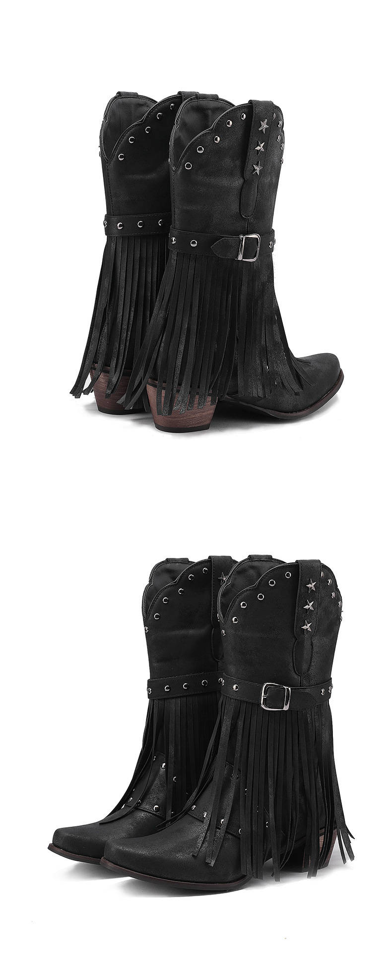 Western boots riveted belt buckle tassel mid-calf boots_voghion.com