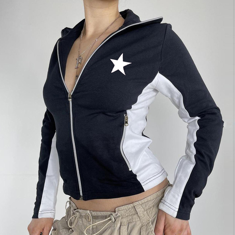 product - wholesale Women Clothing Autumn Winter Street Tide Brand Personality Five Pointed Star Printed Zipper Coat - 2