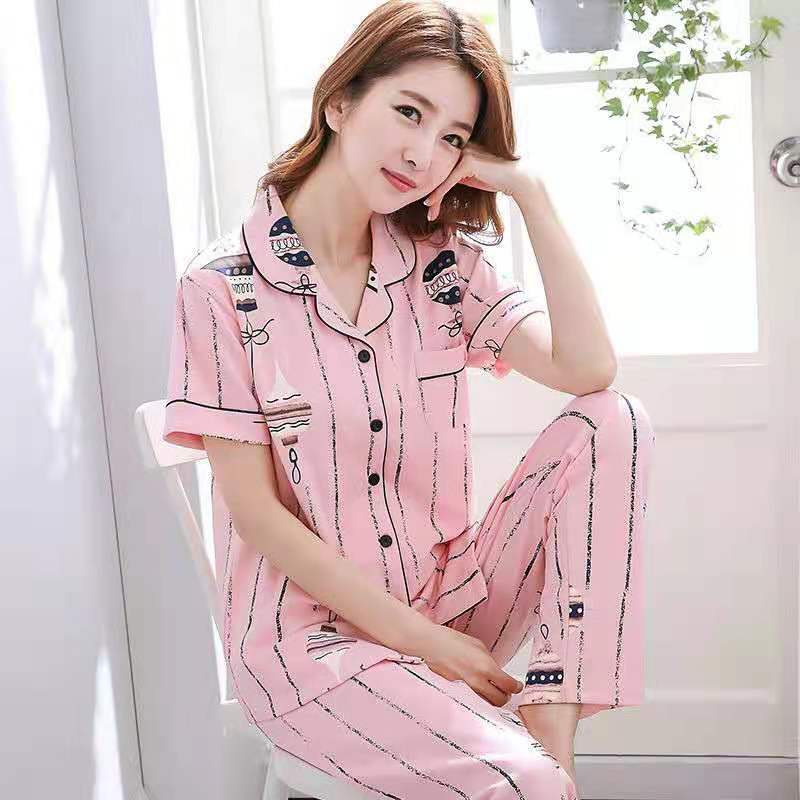 Pijamas pantalones de manga corta de algodón de verano de las mujeres traje de ropa para el hogar primavera y otoño Chaqueta de punto de las mujeres de la solapa delgada se puede usar fuera