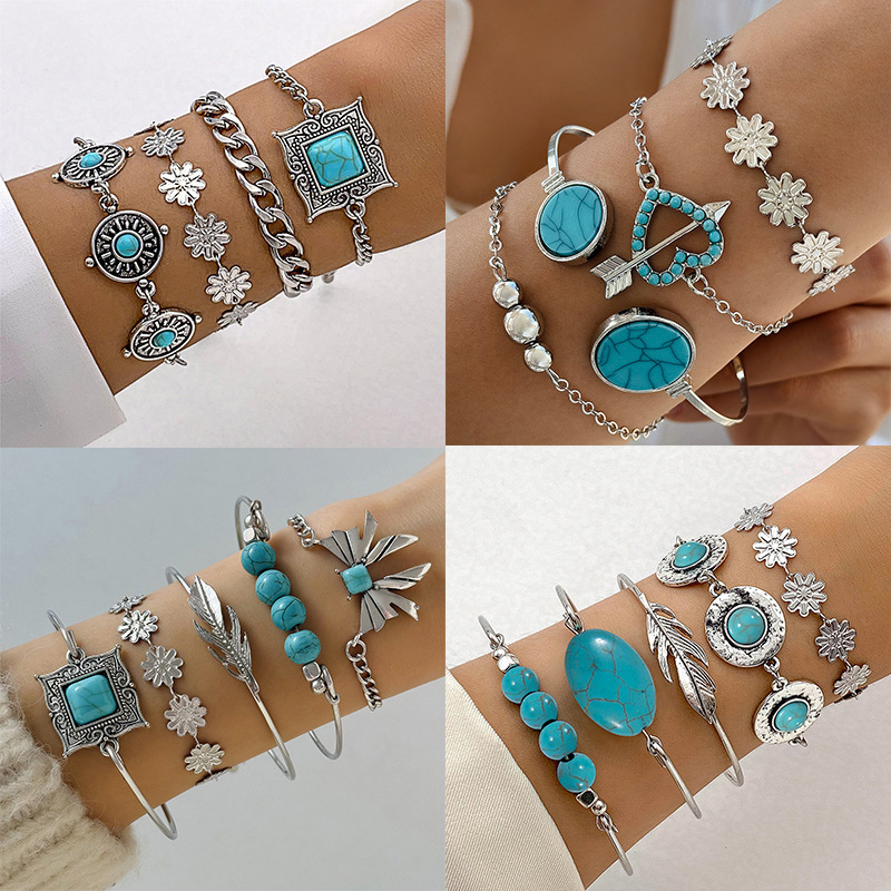 Cross-Border Bohemian Style Turquoise Leaf Bracelet Ethnic Style Bow Flower Turquoise Bracelet Wholesale Cross-Border Bohemian Style Turquoise Leaf Bracelet Ethnic Style Bow Flower Turquoise Bracelet Wholesale
