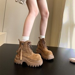 欧货磨砂软皮大头松糕厚底马丁靴女2025新款小个子增高百搭短靴子