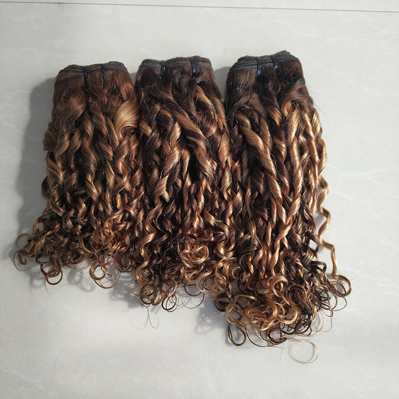 10A Peruvian Real Hair Extensions P4/27 Piano Color Hair Curtain Pixie Curly Lace Hair Piece Cross-Border Wig