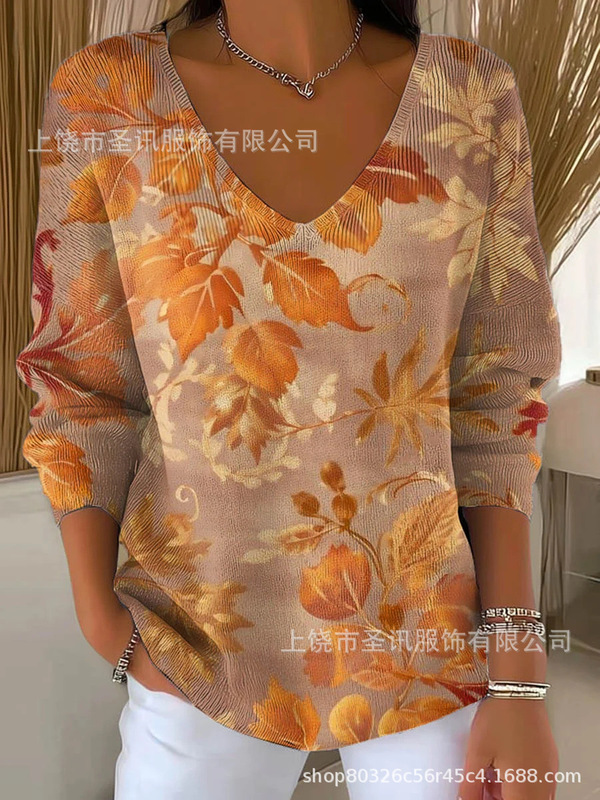 欧美跨境独立站新款3D印花女士时尚渐变色V领长袖T恤上衣|undefined