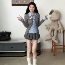 减龄学院风假两件针织衫女早秋新款木耳边长袖打底衫上衣跨境批发