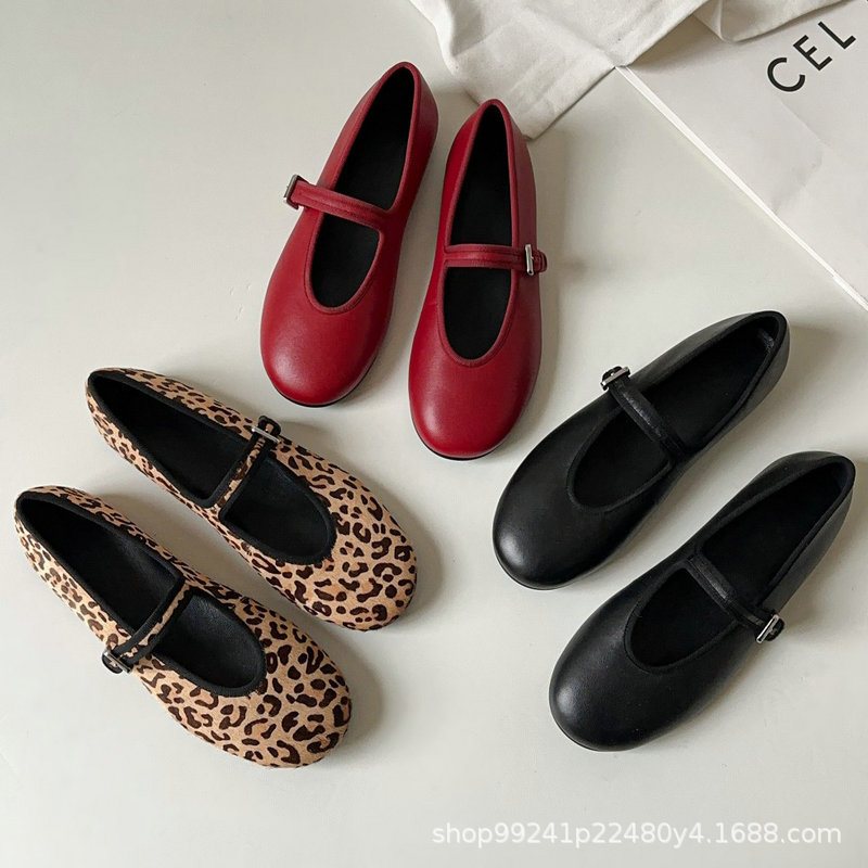 外贸原单玛丽珍鞋女单鞋圆头平底真羊皮马毛豹纹2025早秋新款