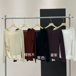 早秋一字领镂空打褶不规则下摆莱赛尔天丝针织衫长袖打底上衣8589