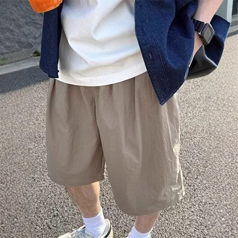 Khaki Cargo Wide-Leg Five-Point Pants Men's Trendy Brand Handsome Straight Casual Pants American Retro Sports Shorts