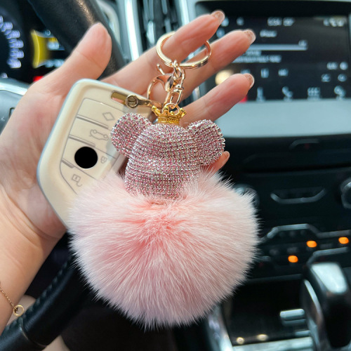 Creative Diamond-embellished Large Bear Keychain Genuine Leather Grass Fox Fur Car Keychain Bag Hook Fashion Small Gift
