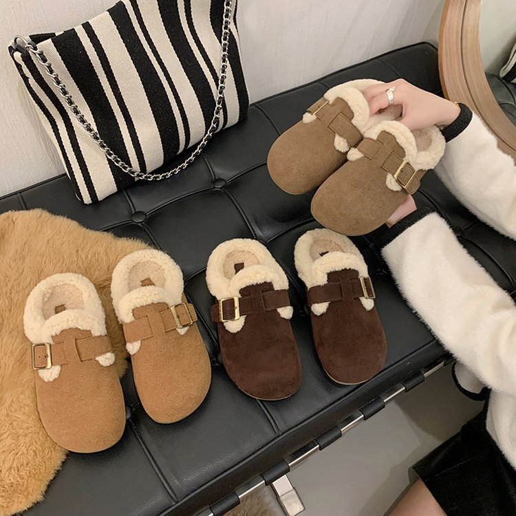 Genuine Leather Woolen Slippers Women's Outfit Lambskin Leather Belt Buckle Non-Slip Flat Cotton Shoes fleece-lined Warm Baotou Birkenan Shoes