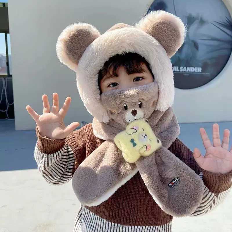 儿童帽子围巾一体冬季男女童毛绒帽防风防寒护耳口罩可拆卸三件套