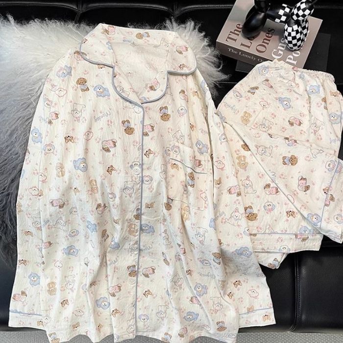 Comercio exterior transfronterizo caliente transmisión en vivo 120g nube pijamas de algodón mujeres primavera y otoño dibujos animados solapa cárdigan traje de servicio a domicilio