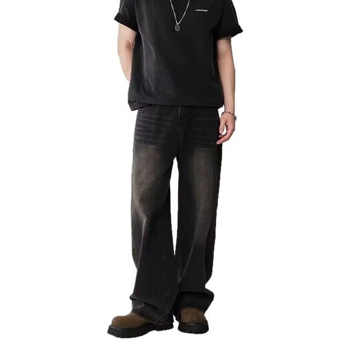 Vintage American-style distressed denim men's summer streetwear washed blue wide-leg pants trendy high-street versatile casual straight-leg long pants