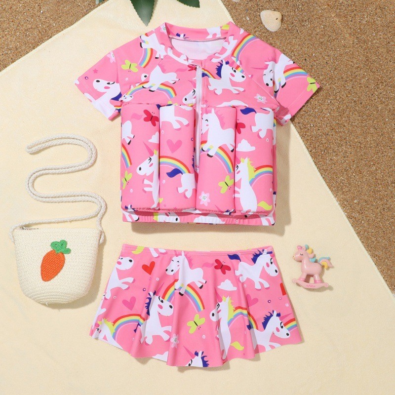 Children's Swimming Buoyancy Vest Swimsuit Baby Split Zipper Half-Sleeved Shorts Skirt Buoyancy Swimsuit for Small and Medium-Sized Children