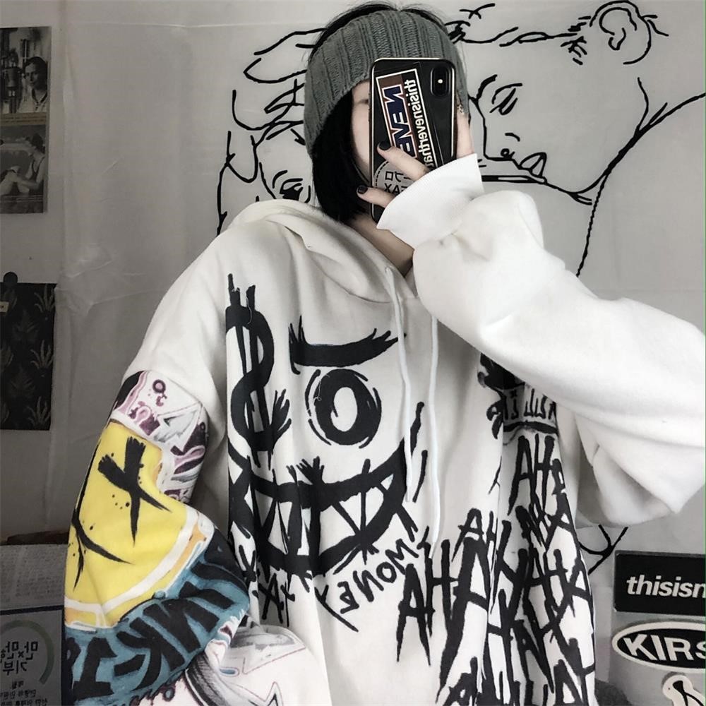 Suéter de graffiti transfronterizo europeo y americano engrosado con forro polar Otoño e Invierno Nueva pareja impresa suéter con capucha suelta image 1
